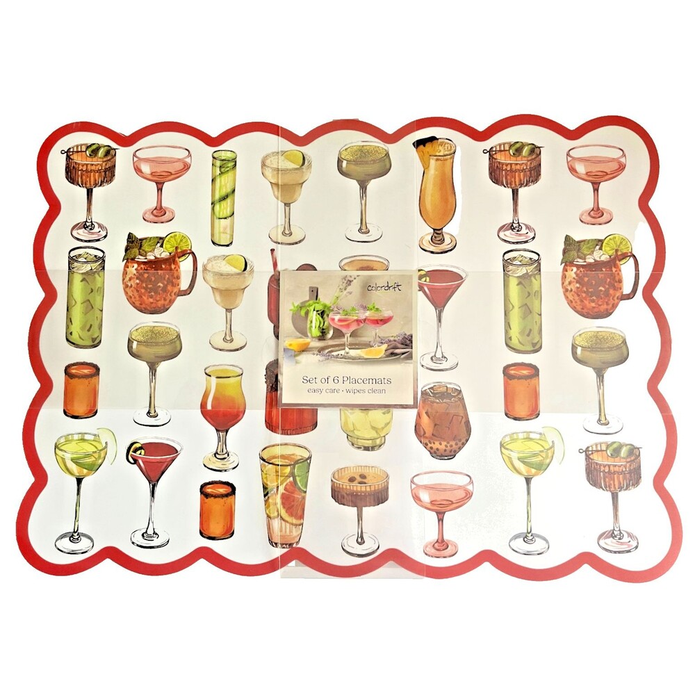 Colordrift Drinks Placemats Vinyl Foam Back Martini Beach Summer 13x18 Set of 6
